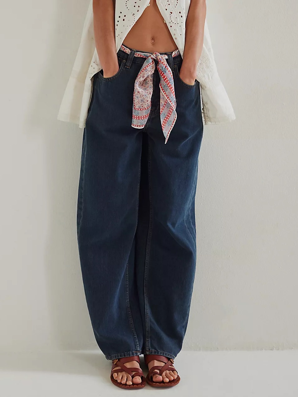 Nwt Free People We The Free Truro Baggy Puddle Jeans Button Fly Dark Blue